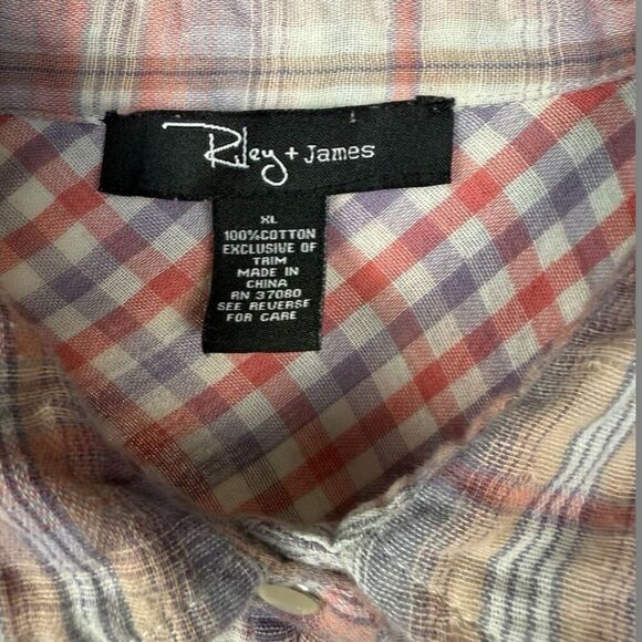 RILEY + JAMES 100% Cotton Pink and Purple Plaid Snap Button Down Shirt | XL - Picture 4 of 5